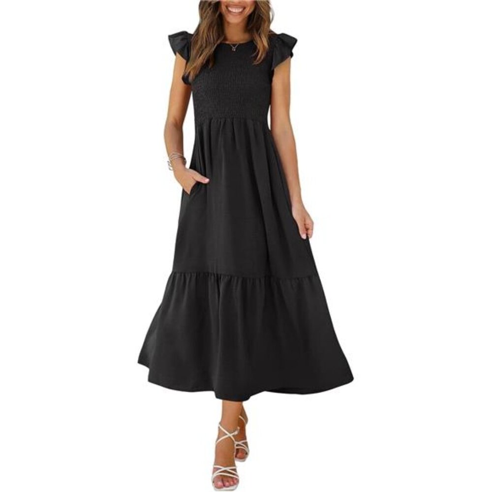 OFEEFAN Women's Casual Maxi Dresses with Pockets Ruffle Sleeve Smocked Dress